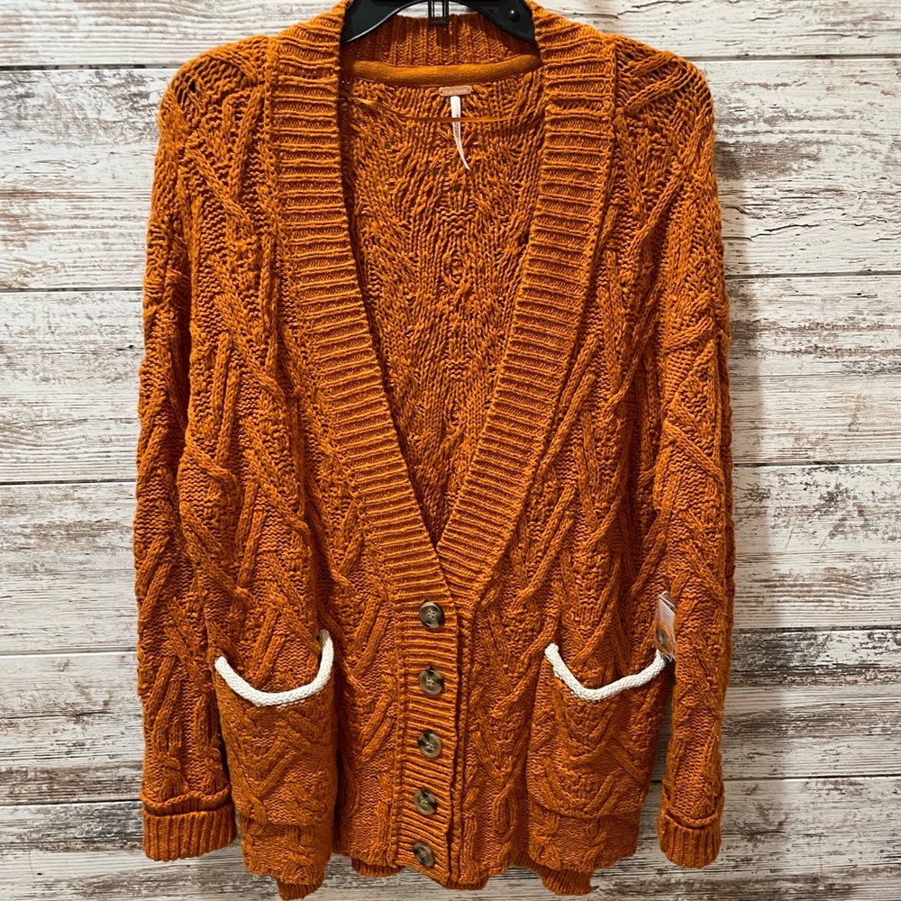 Free People Orange Cable Knit Cardigan